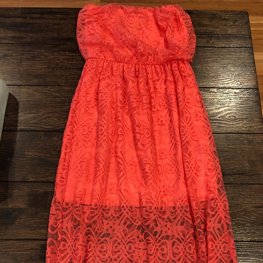 Strapless long maxi lace coral dress